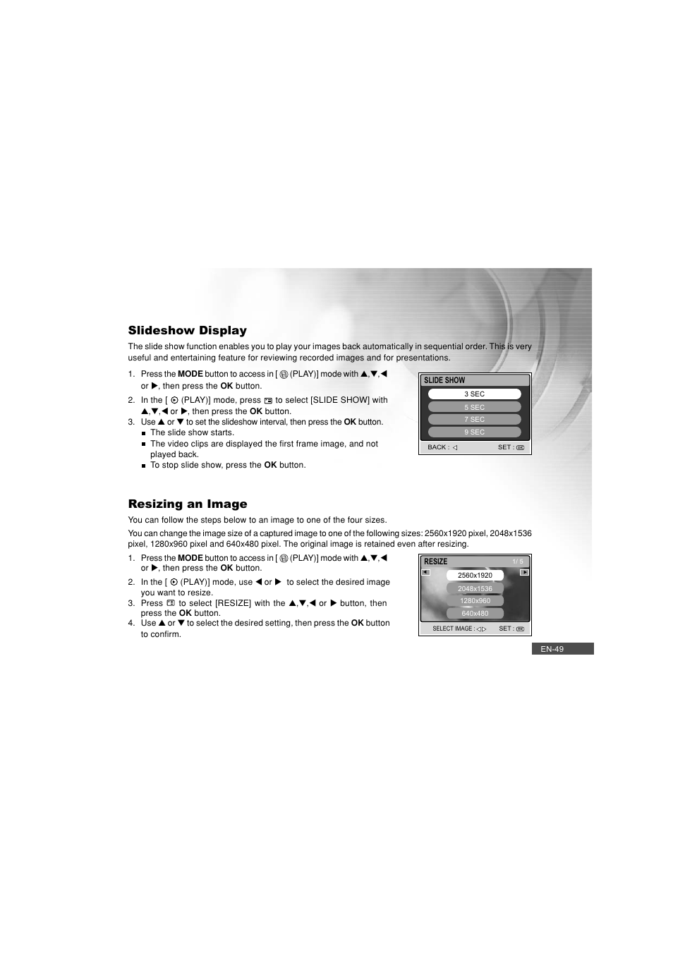 Slideshow display, Resizing an image | Pioneer DC500 User Manual | Page 49 / 110