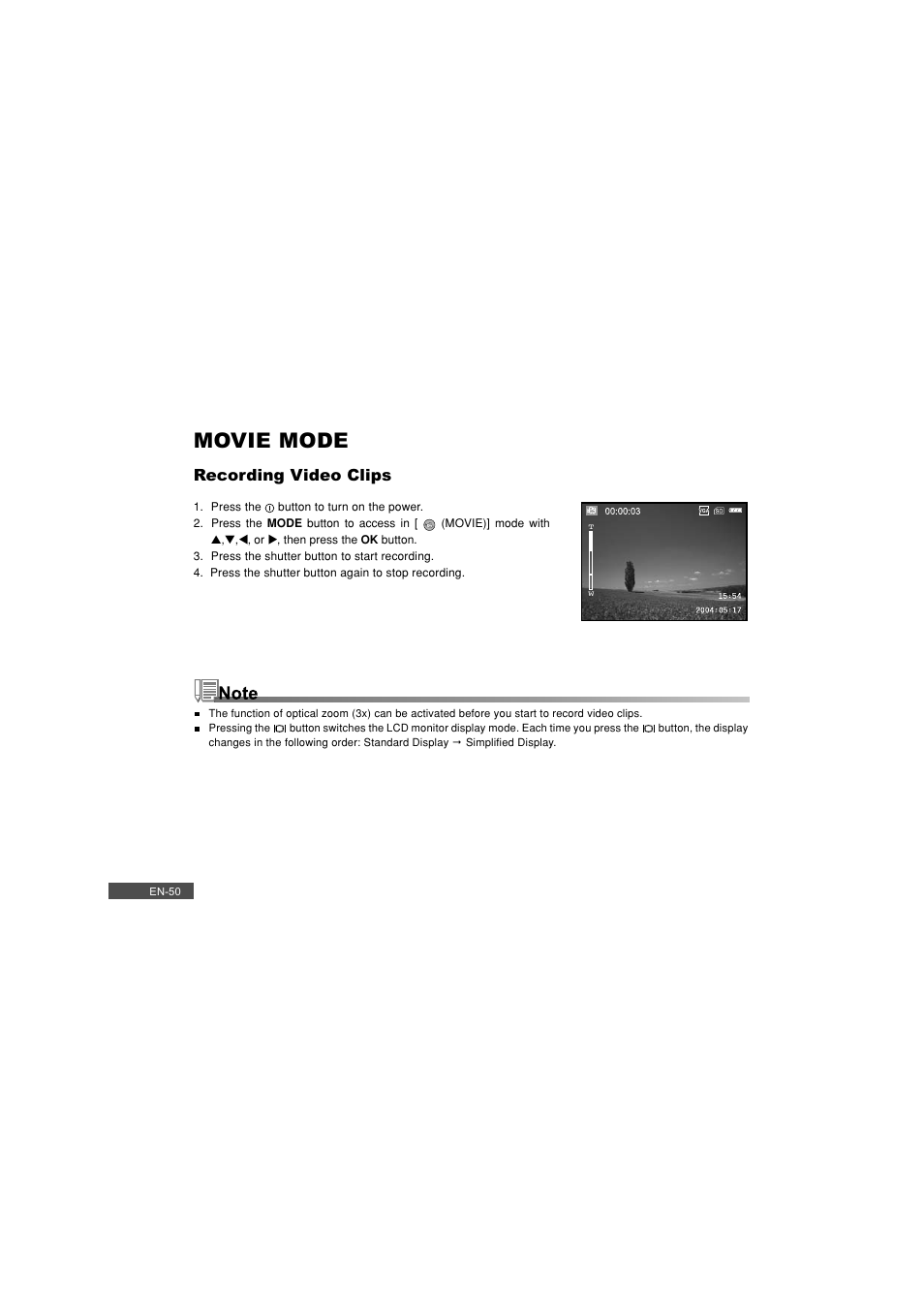 Movie mode, Recording video clips | Pioneer DC500 User Manual | Page 50 / 110