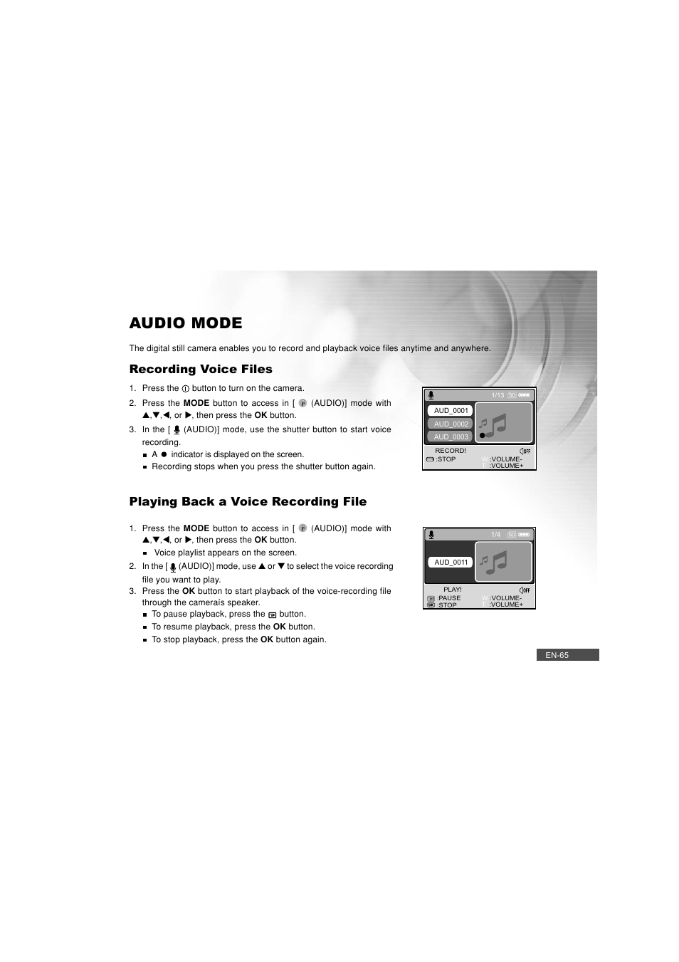 Audio mode, Recording voice files, Playing back a voice recording file | Pioneer DC500 User Manual | Page 65 / 110