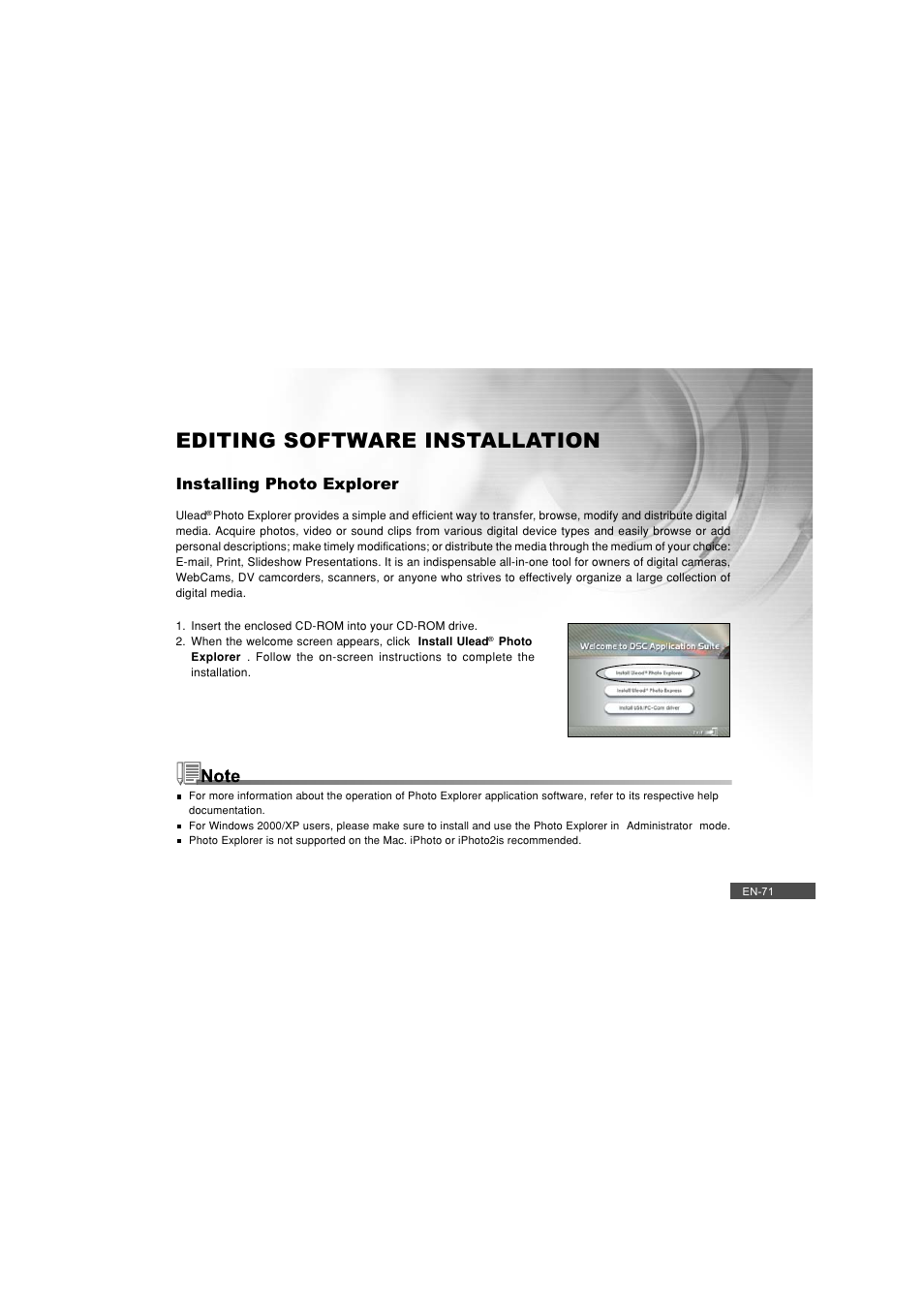Editing software installation, Installing photo explorer | Pioneer DC500 User Manual | Page 71 / 110