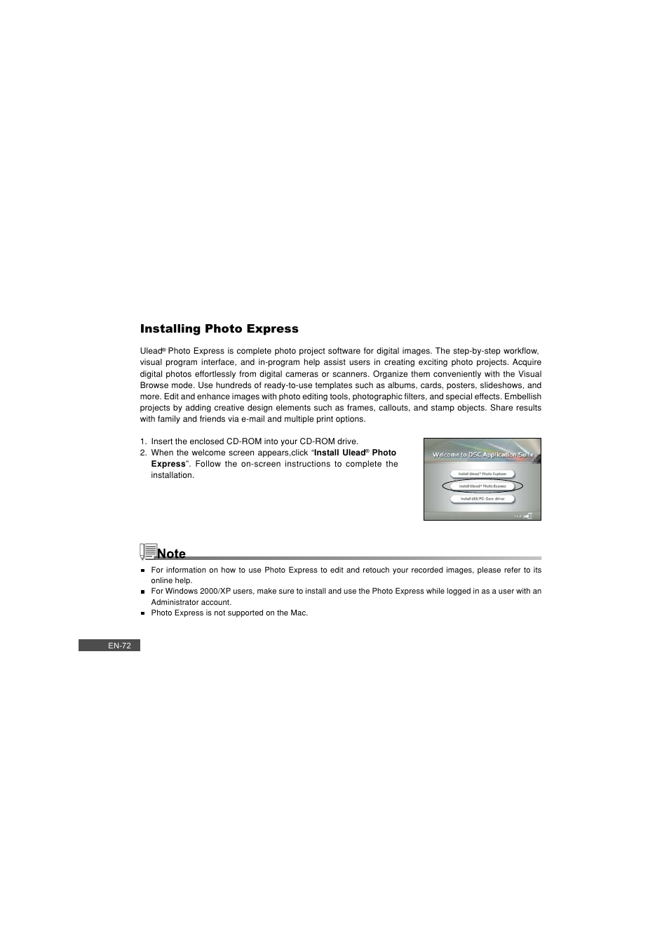 Installing photo express | Pioneer DC500 User Manual | Page 72 / 110