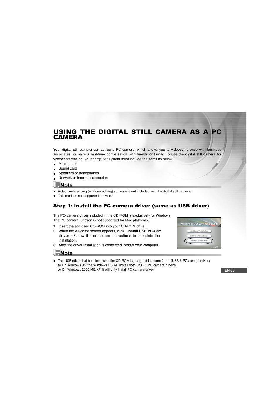 Using the digital still camera as a pc camera | Pioneer DC500 User Manual | Page 73 / 110