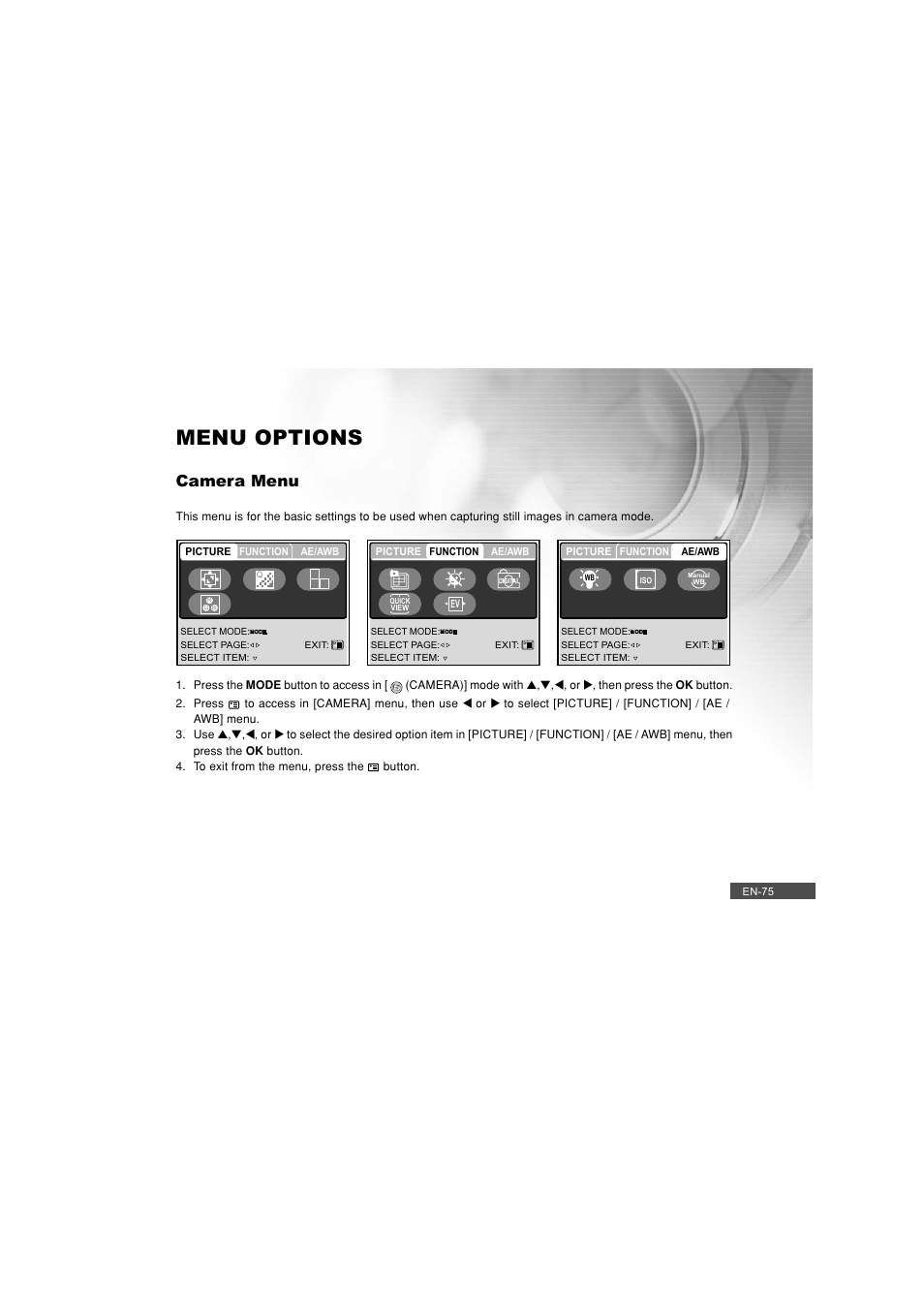 Menu options, Camera menu | Pioneer DC500 User Manual | Page 75 / 110