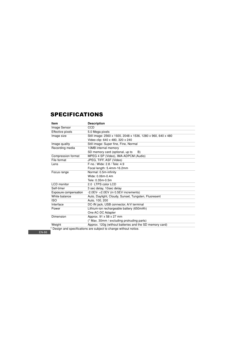 Specifications | Pioneer DC500 User Manual | Page 86 / 110