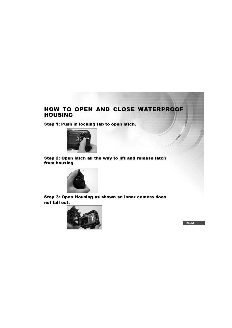 How to open and close waterproof housing | Pioneer DC500 User Manual | Page 97 / 110