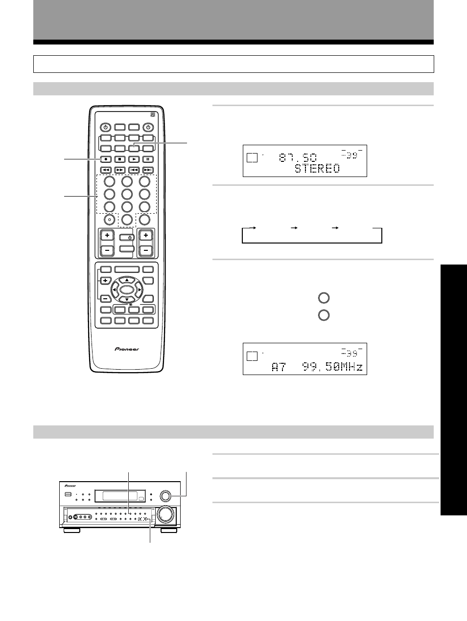Recalling memorized stations, Opera tion, Using the remote control | Using the front panel, Using the tuner, Press tuner, Press class repeatedly to select a class number, Select the tuner function, Each press switches the display, Press station –/+ repeatedly | Pioneer VSX-27TX User Manual | Page 47 / 80