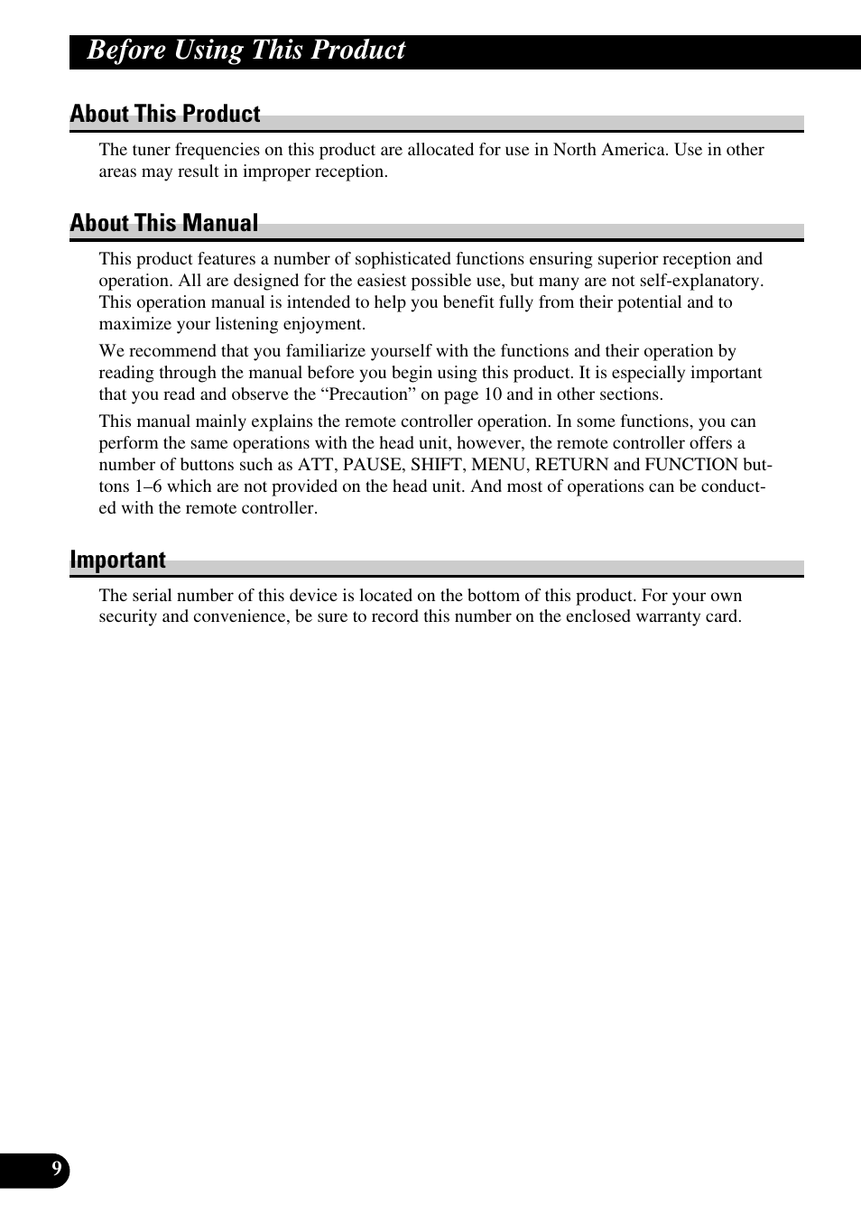 Before using this product, About this product about this manual important, About this product | About this manual, Important | Pioneer DEX-P9 User Manual | Page 10 / 88