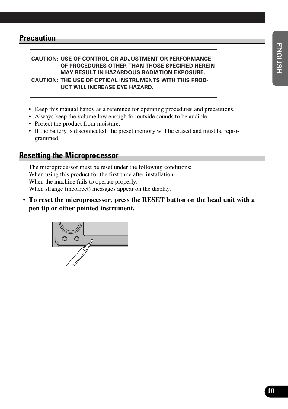 Precaution resetting the microprocessor, Precaution, Resetting the microprocessor | Pioneer DEX-P9 User Manual | Page 11 / 88