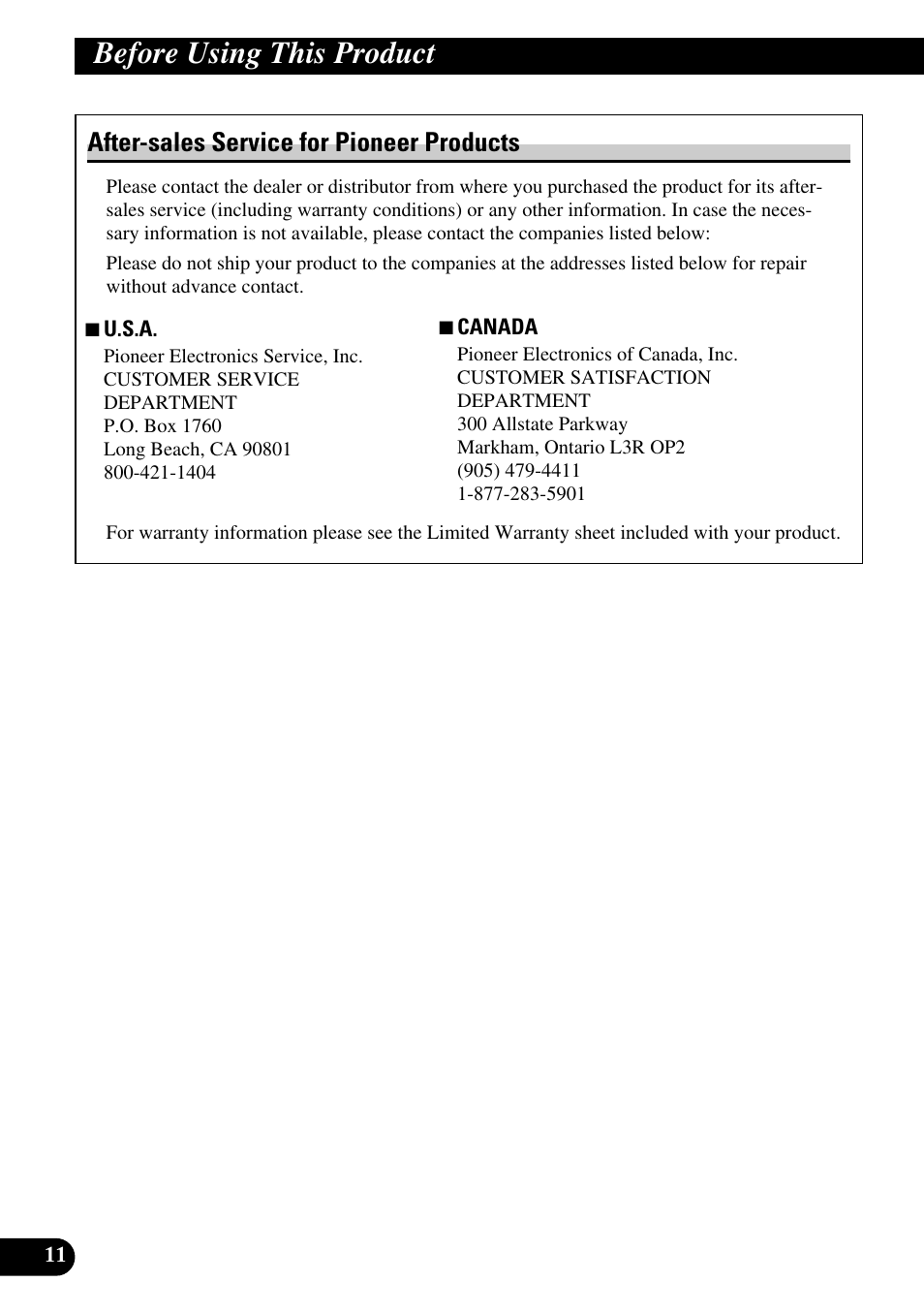 After-sales service for pioneer products, Before using this product | Pioneer DEX-P9 User Manual | Page 12 / 88