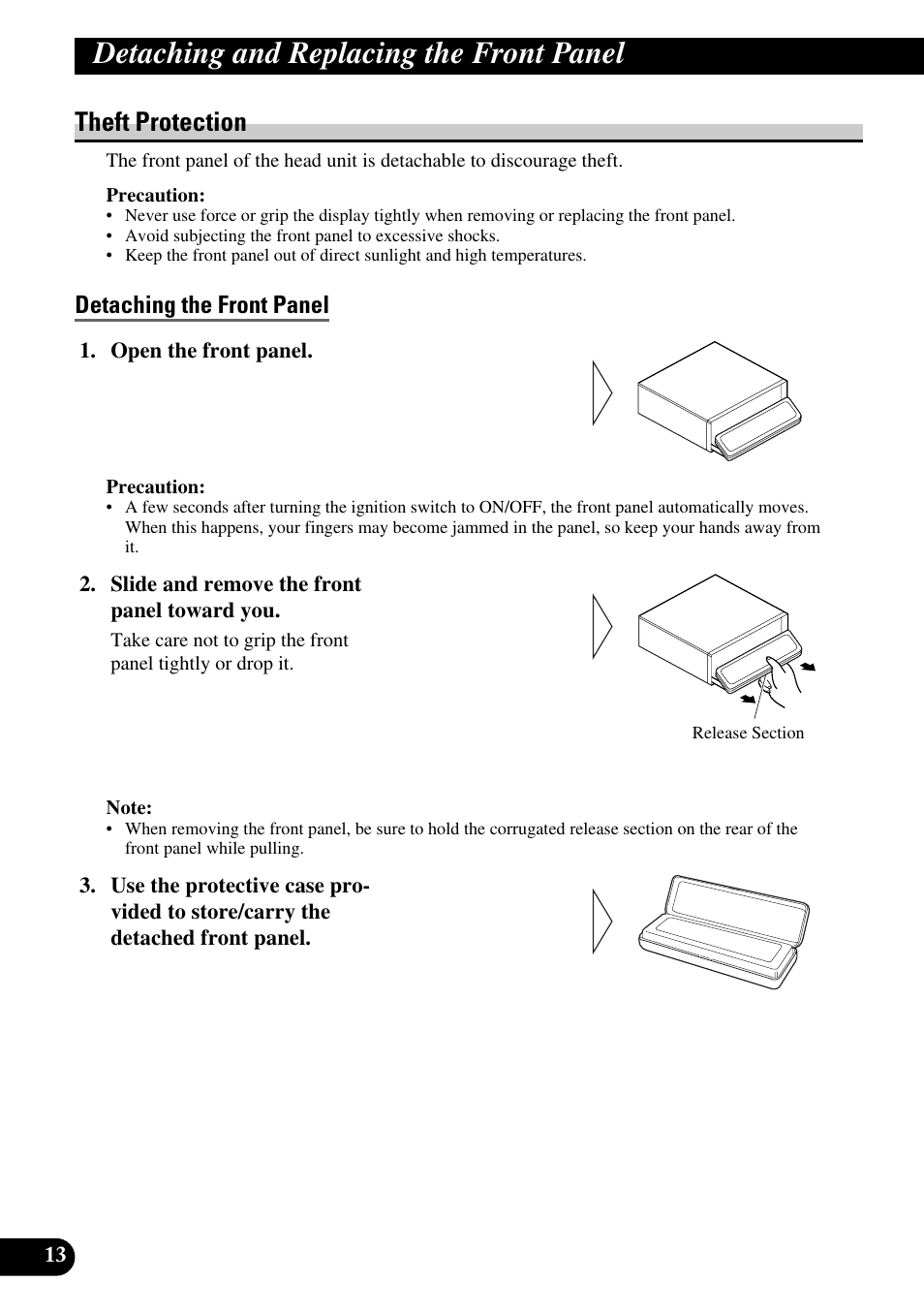 Detaching and replacing, The front panel, Theft protection | Detaching the front panel, Detaching and replacing the front panel, Slide and remove the front panel toward you, Open the front panel | Pioneer DEX-P9 User Manual | Page 14 / 88