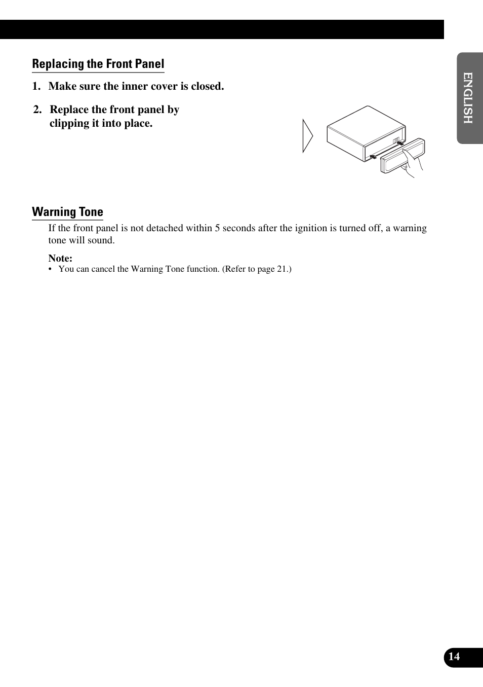 Replacing the front panel, Warning tone | Pioneer DEX-P9 User Manual | Page 15 / 88