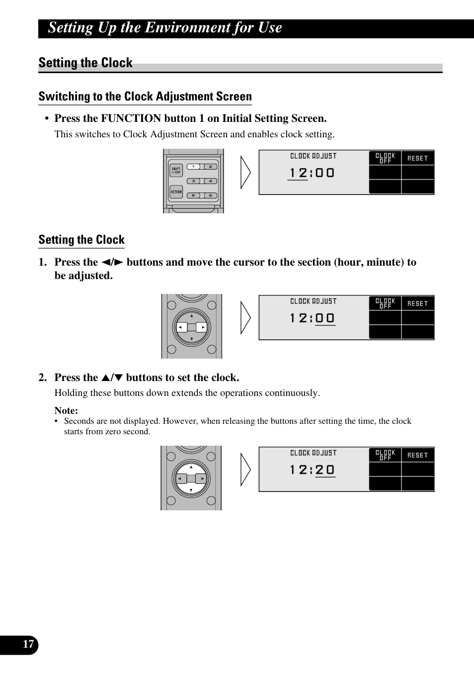 Setting the clock, Switching to the clock adjustment screen, Setting up the environment for use | Pioneer DEX-P9 User Manual | Page 18 / 88