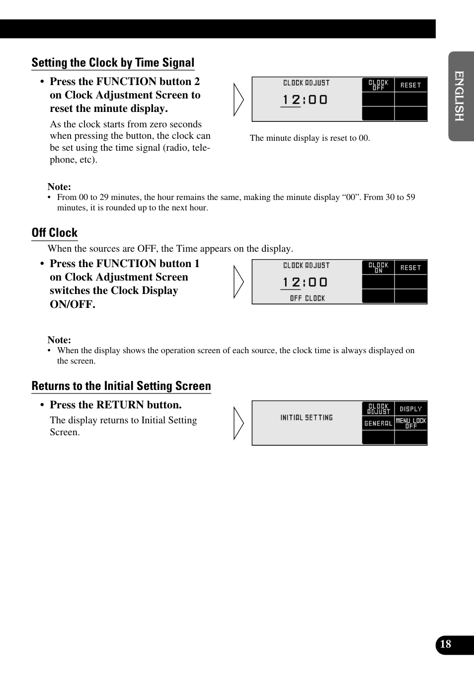 Setting the clock by time signal, Off clock, Returns to the initial setting screen | Pioneer DEX-P9 User Manual | Page 19 / 88