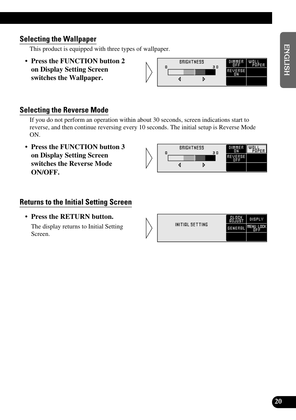 Selecting the wallpaper, Selecting the reverse mode, Returns to the initial setting screen | Pioneer DEX-P9 User Manual | Page 21 / 88