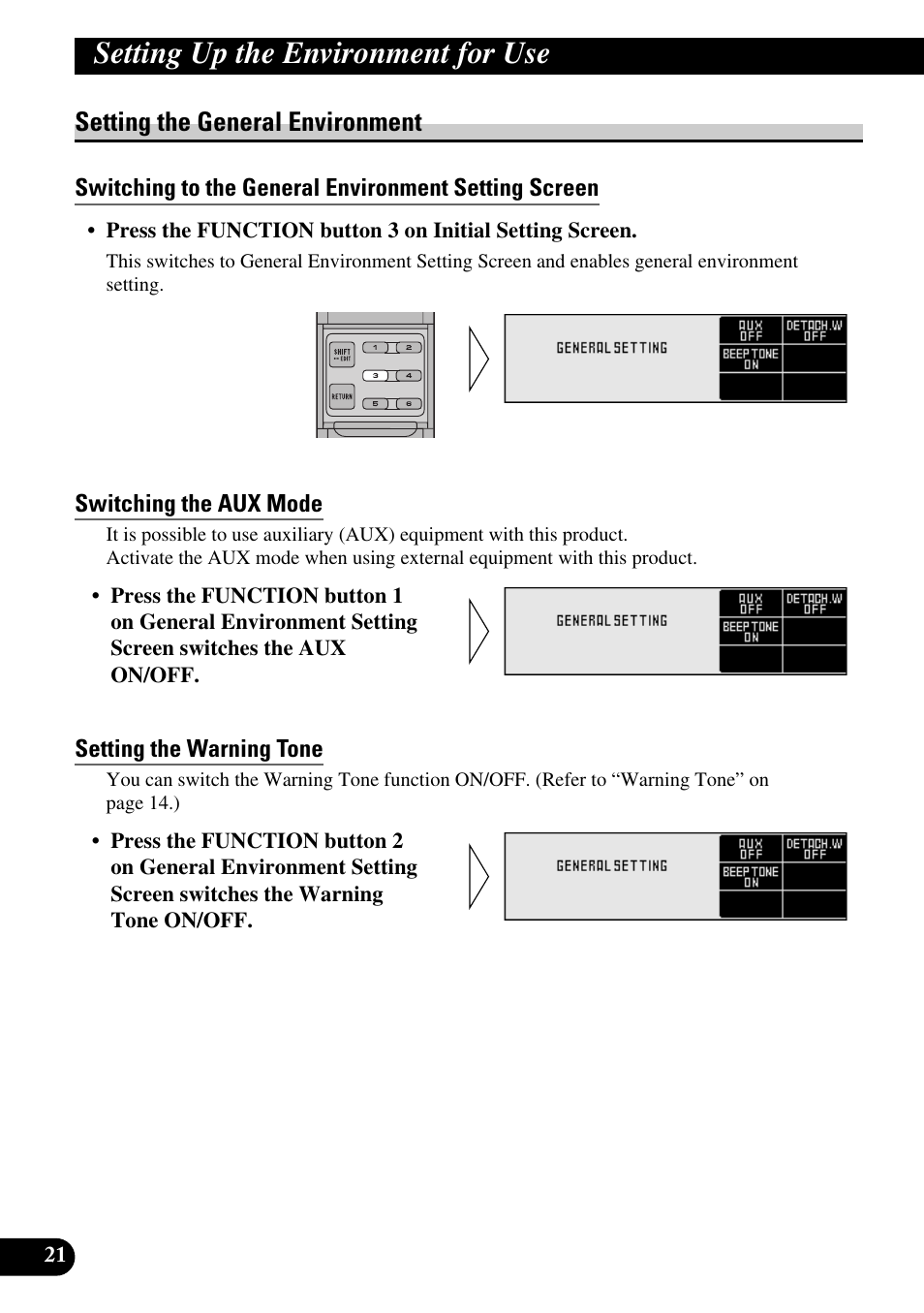 Setting the general environment, Switching the aux mode, Setting the warning tone | Setting up the environment for use | Pioneer DEX-P9 User Manual | Page 22 / 88