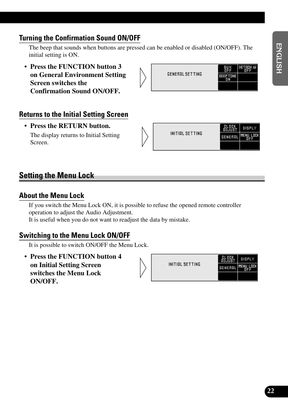 Turning the confirmation sound on/off, Returns to the initial setting screen, Setting the menu lock | About the menu lock, Switching to the menu lock on/off | Pioneer DEX-P9 User Manual | Page 23 / 88