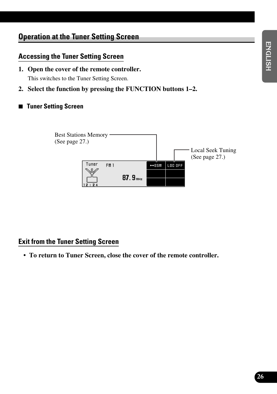 Operation at the tuner setting screen, Accessing the tuner setting screen, Exit from the tuner setting screen | Pioneer DEX-P9 User Manual | Page 27 / 88