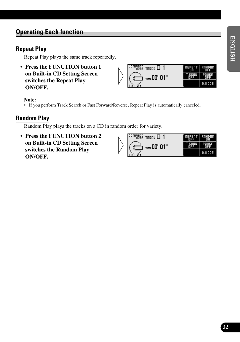 Operating each function, Repeat play, Random play | Pioneer DEX-P9 User Manual | Page 33 / 88