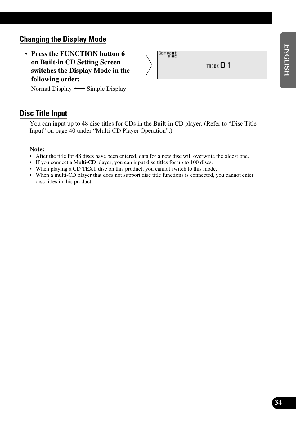 Changing the display mode, Disc title input, Changing the display mode disc title input | Pioneer DEX-P9 User Manual | Page 35 / 88