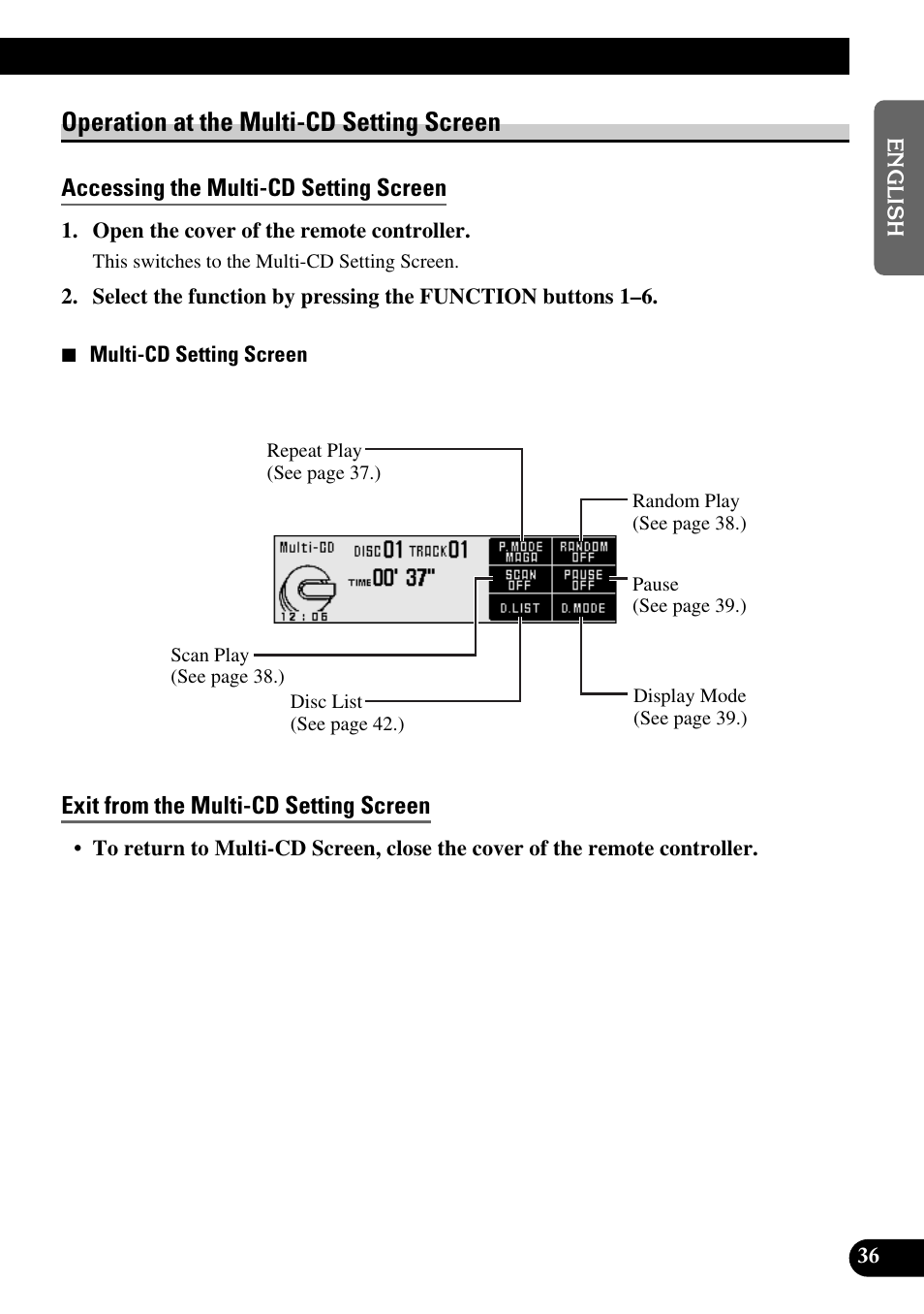 Operation at the multi-cd setting screen, Accessing the multi-cd setting screen, Exit from the multi-cd setting screen | Pioneer DEX-P9 User Manual | Page 37 / 88