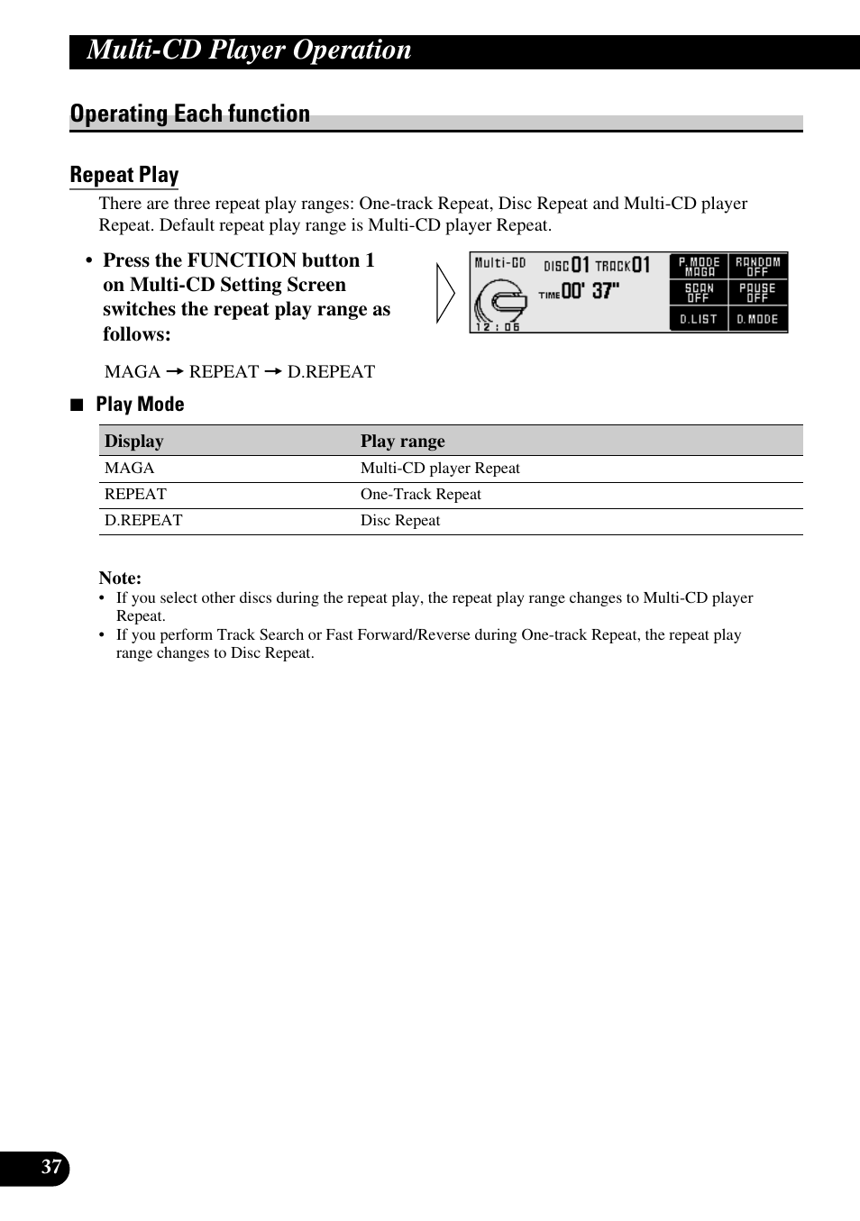 Operating each function, Repeat play, Multi-cd player operation | Pioneer DEX-P9 User Manual | Page 38 / 88