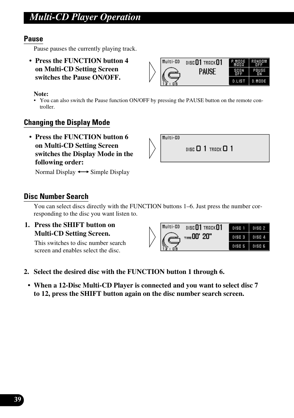 Pause, Changing the display mode, Disc number search | Multi-cd player operation | Pioneer DEX-P9 User Manual | Page 40 / 88