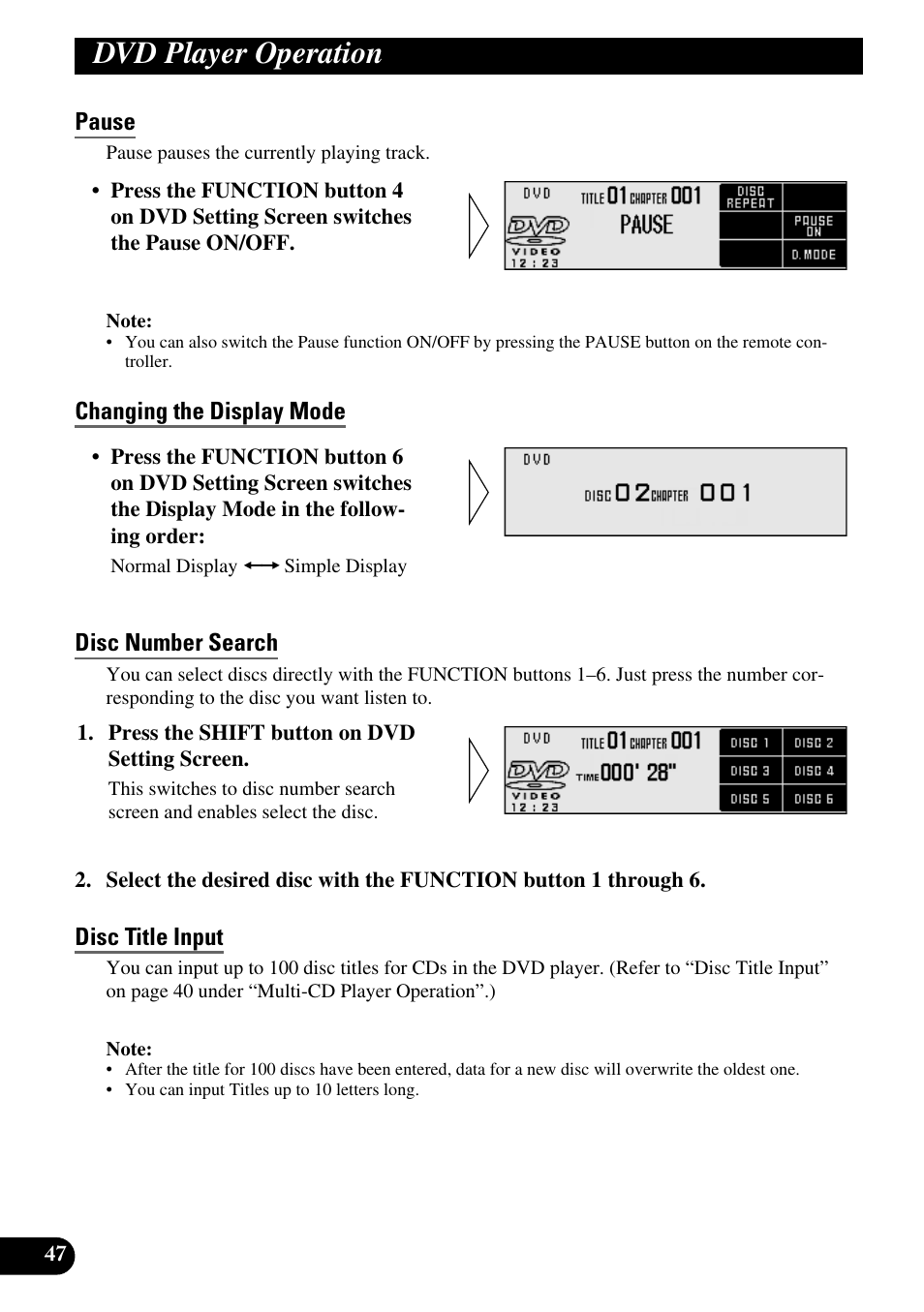 Pause, Changing the display mode, Disc number search | Disc title input, Dvd player operation | Pioneer DEX-P9 User Manual | Page 48 / 88