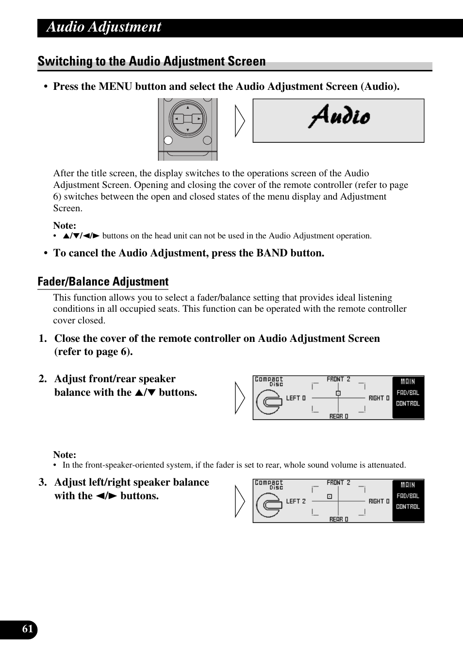 Audio adjustment, Switching to the audio adjustment screen, Fader/balance adjustment | Pioneer DEX-P9 User Manual | Page 62 / 88