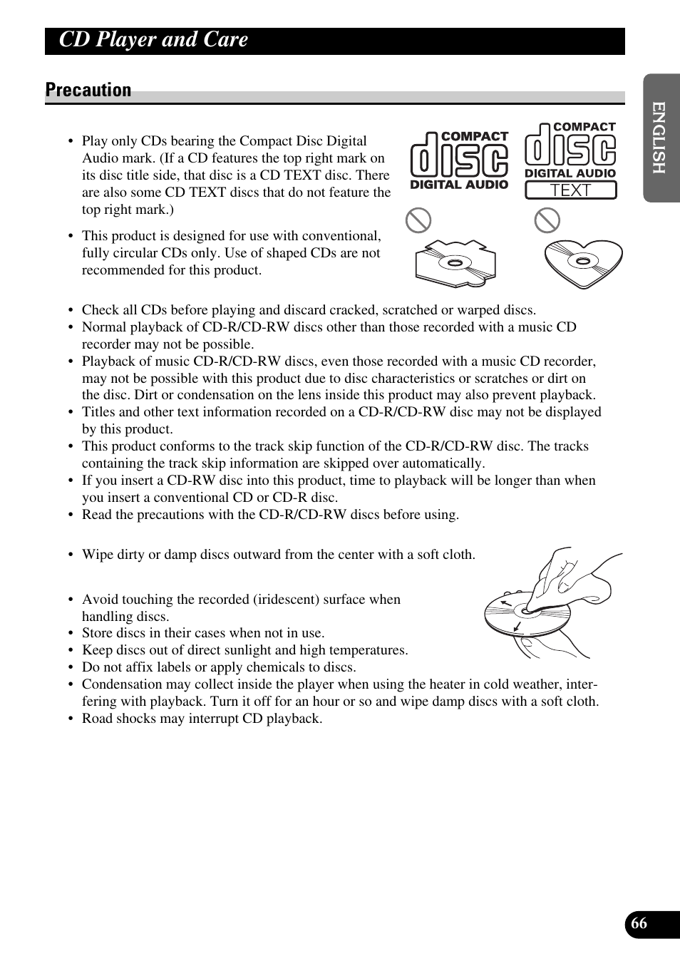 Cd player and care, Precaution | Pioneer DEX-P9 User Manual | Page 67 / 88