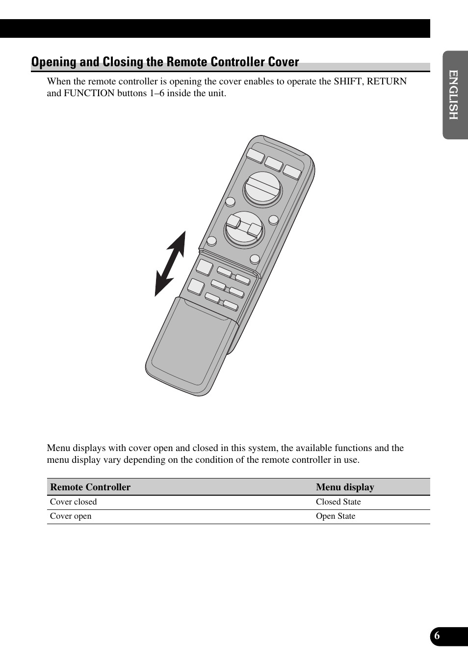 Opening and closing, The remote controller cover, Opening and closing the remote controller cover | Pioneer DEX-P9 User Manual | Page 7 / 88
