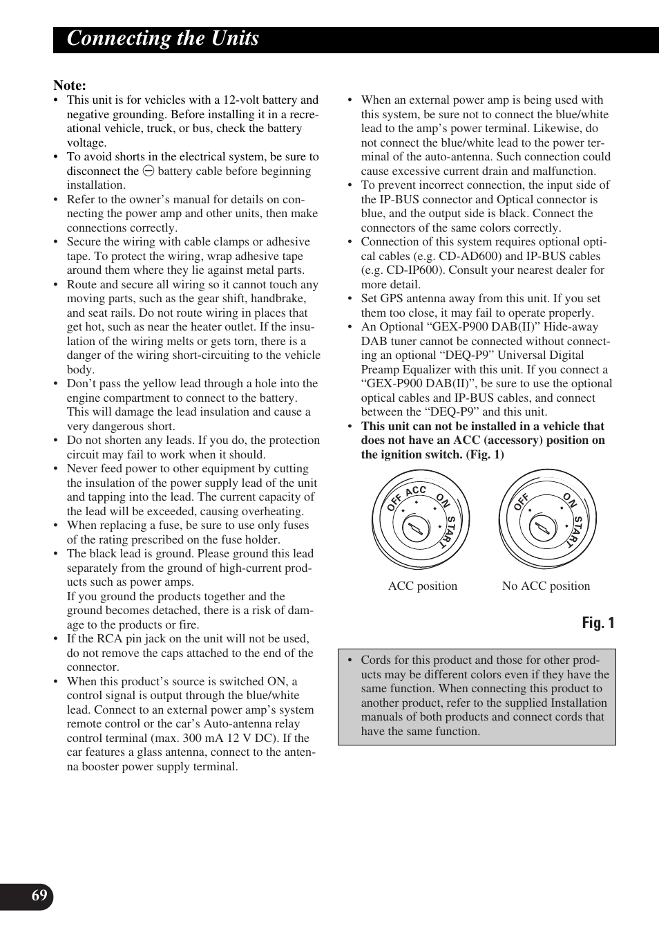 Connecting the units, Fig. 1 | Pioneer DEX-P9 User Manual | Page 70 / 88