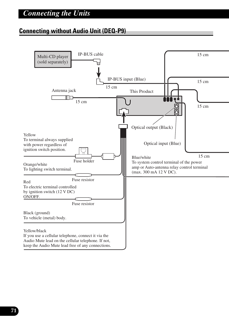 Connecting without, Audio unit (deq-p9), Connecting the units | Connecting without audio unit (deq-p9) | Pioneer DEX-P9 User Manual | Page 72 / 88