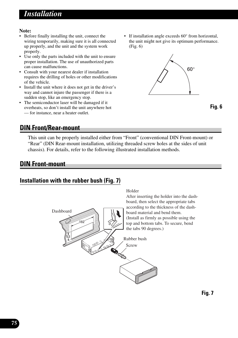 Installation, Din front/rear-mount din front-mount, Installation with the rubber bush | Din front/rear-mount, Din front-mount, Installation with the rubber bush (fig. 7) | Pioneer DEX-P9 User Manual | Page 76 / 88