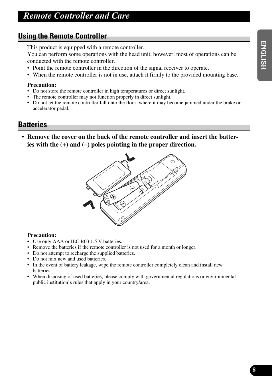 Remote controller and care, Using the remote controller batteries, Using the remote controller | Batteries | Pioneer DEX-P9 User Manual | Page 9 / 88