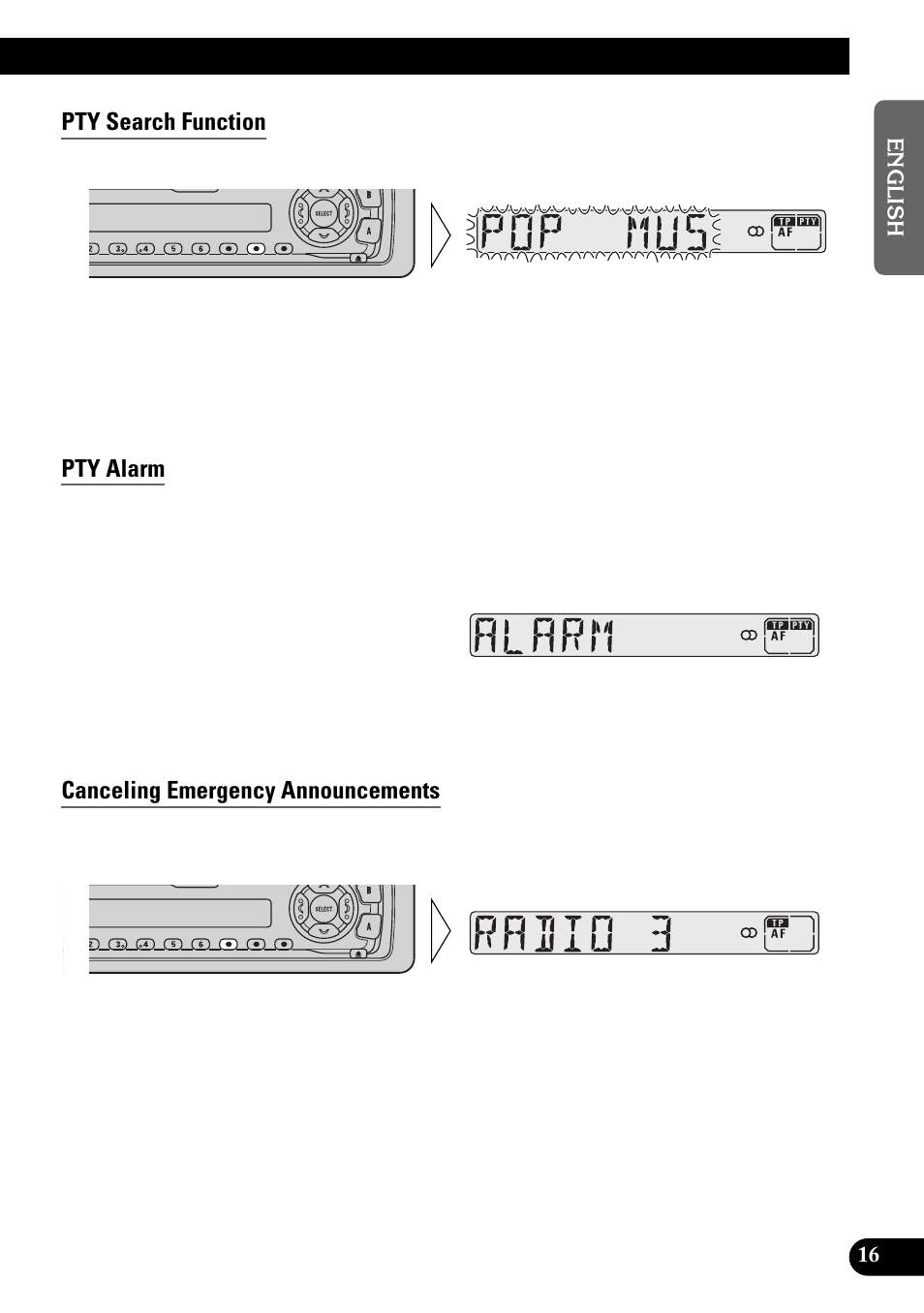 Pty search function, Pty alarm, Canceling emergency announcements | Pioneer KEH-3900R User Manual | Page 17 / 80