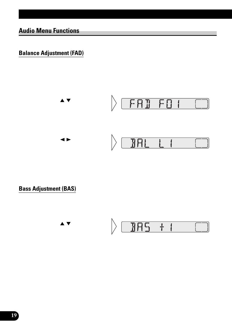 Audio menu functions, Balance adjustment (fad), Bass adjustment (bas) | Audio adjustment | Pioneer KEH-3900R User Manual | Page 20 / 80