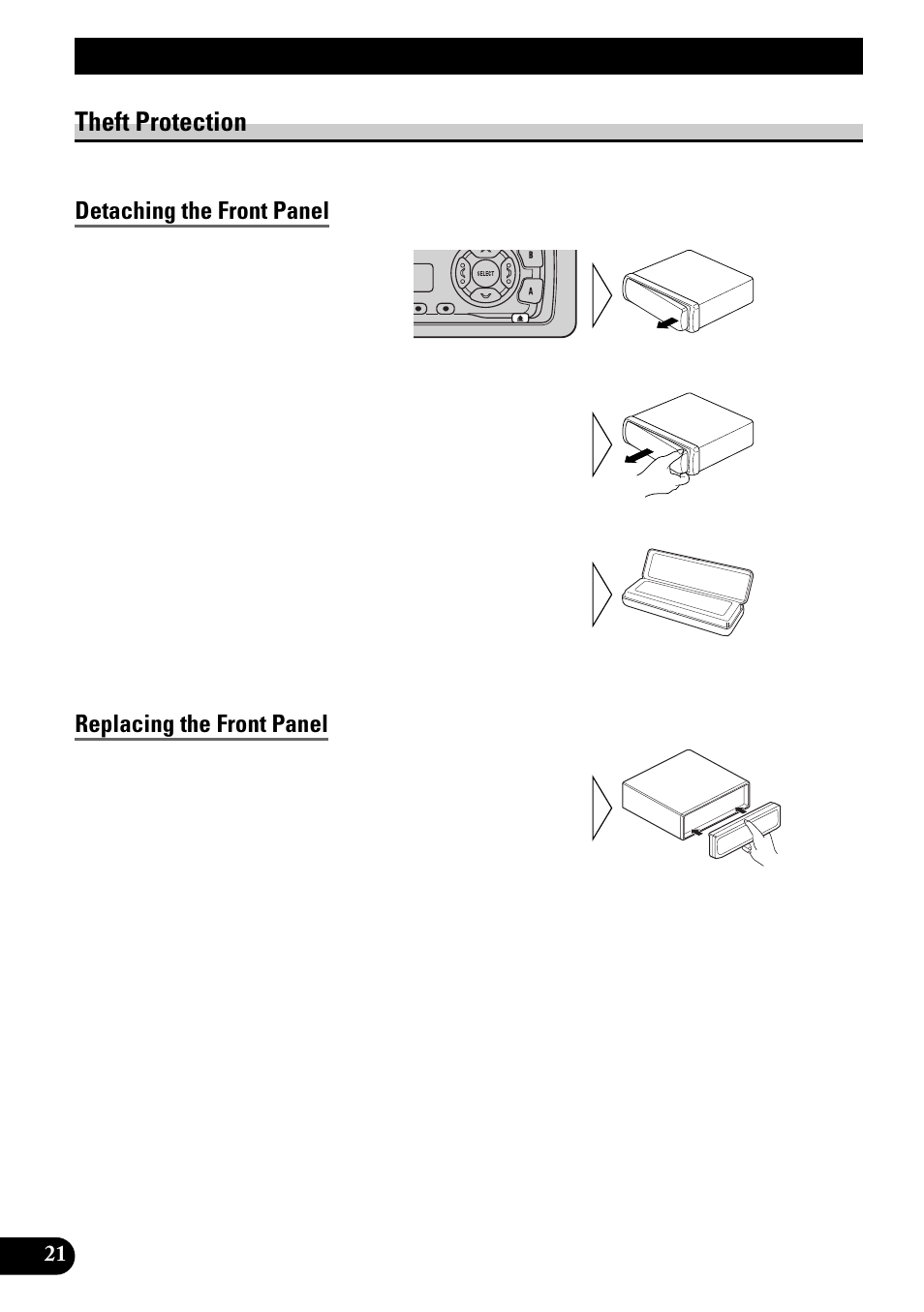 Detaching and replacing, The front panel, Theft protection | Detaching the front panel, Replacing the front panel, Detaching and replacing the front panel | Pioneer KEH-3900R User Manual | Page 22 / 80