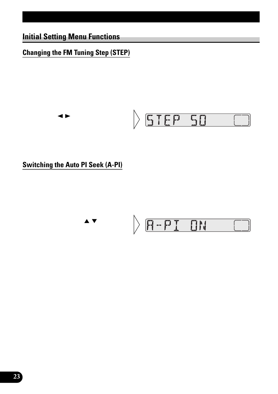 Initial setting menu functions, Changing the fm tuning step (step), Switching the auto pi seek (a-pi) | Initial setting | Pioneer KEH-3900R User Manual | Page 24 / 80