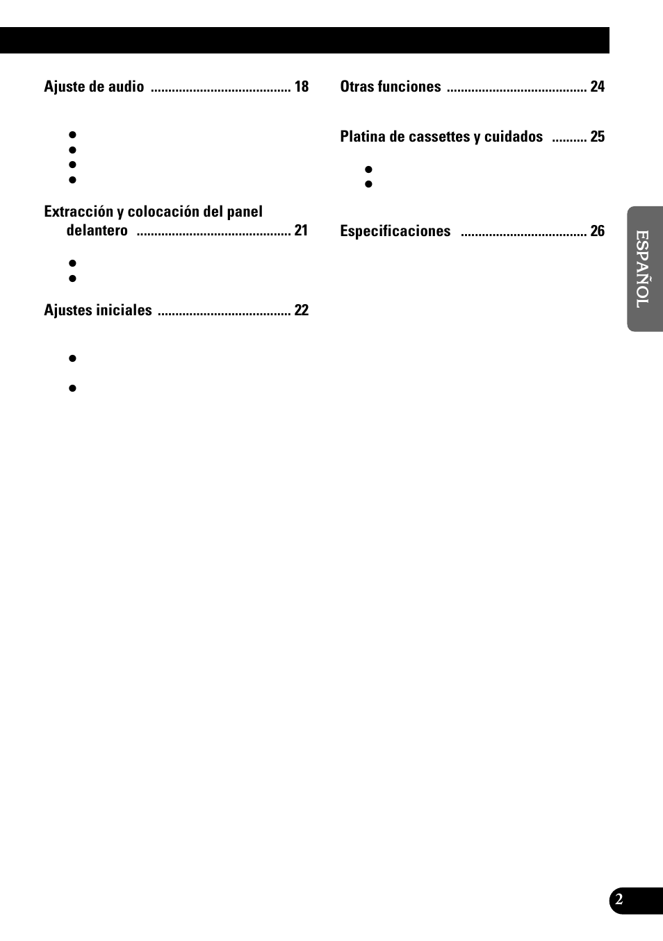 Ajuste de audio, Extracción y colocación del panel delantero, Ajustes iniciales | Otras funciones, Platina de cassettes y cuidados | Pioneer KEH-3900R User Manual | Page 29 / 80