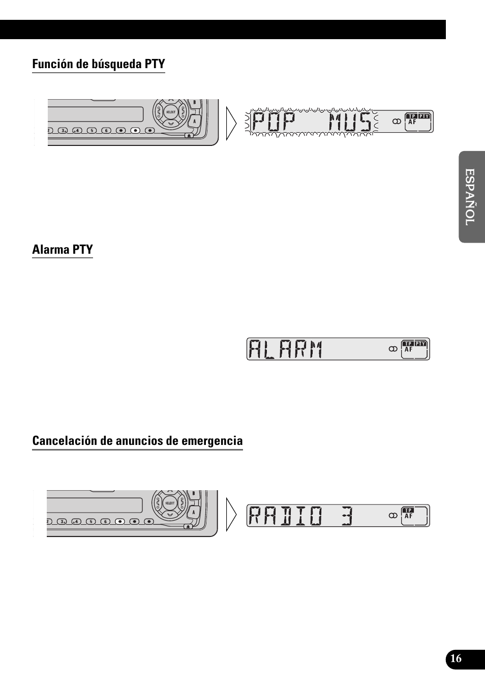 Función de búsqueda pty, Alarma pty, Cancelación de anuncios de emergencia | Pioneer KEH-3900R User Manual | Page 43 / 80