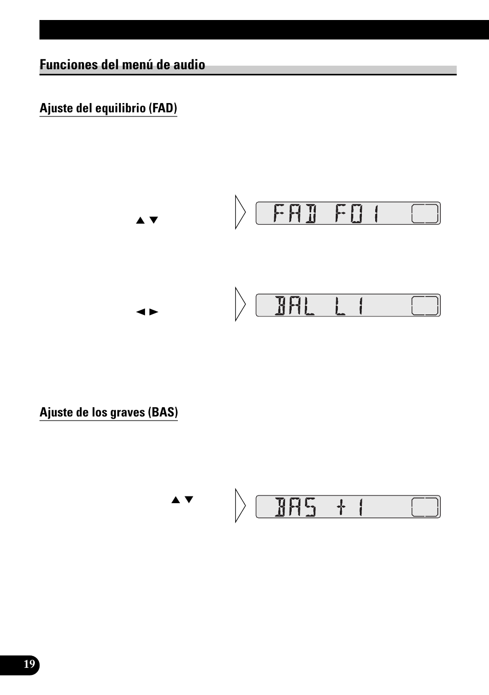 Funciones del menú de audio, Ajuste del equilibrio (fad), Ajuste de los graves (bas) | Ajuste de audio | Pioneer KEH-3900R User Manual | Page 46 / 80