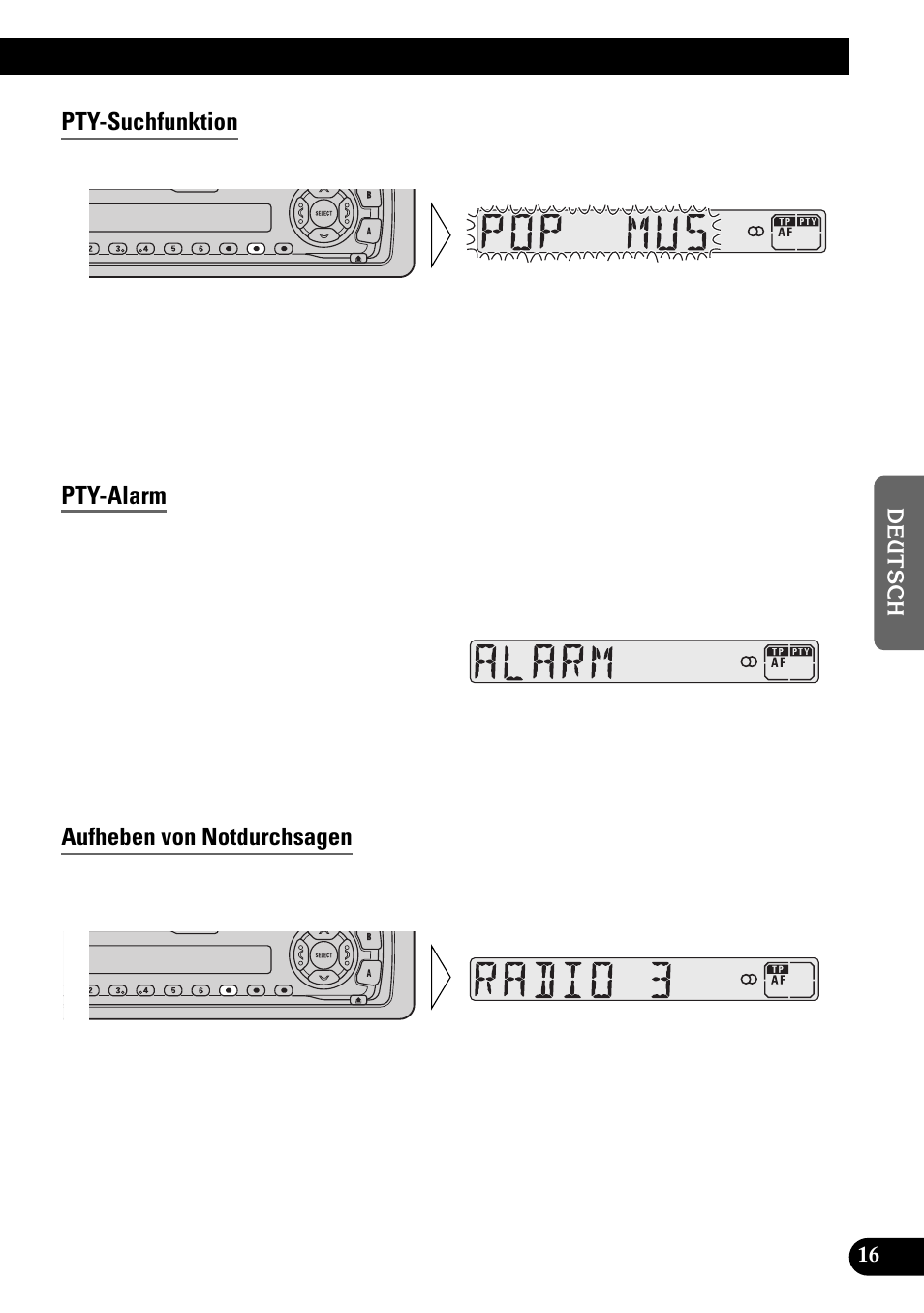 Pty-suchfunktion, Pty-alarm, Aufheben von notdurchsagen | Pioneer KEH-3900R User Manual | Page 69 / 80