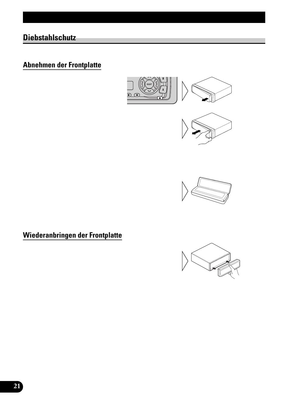 Abnehmen und wiederanbringen, Der frontplatte, Diebstahlschutz | Abnehmen der frontplatte, Wiederanbringen der frontplatte, Abnehmen und wiederanbringen der frontplatte | Pioneer KEH-3900R User Manual | Page 74 / 80