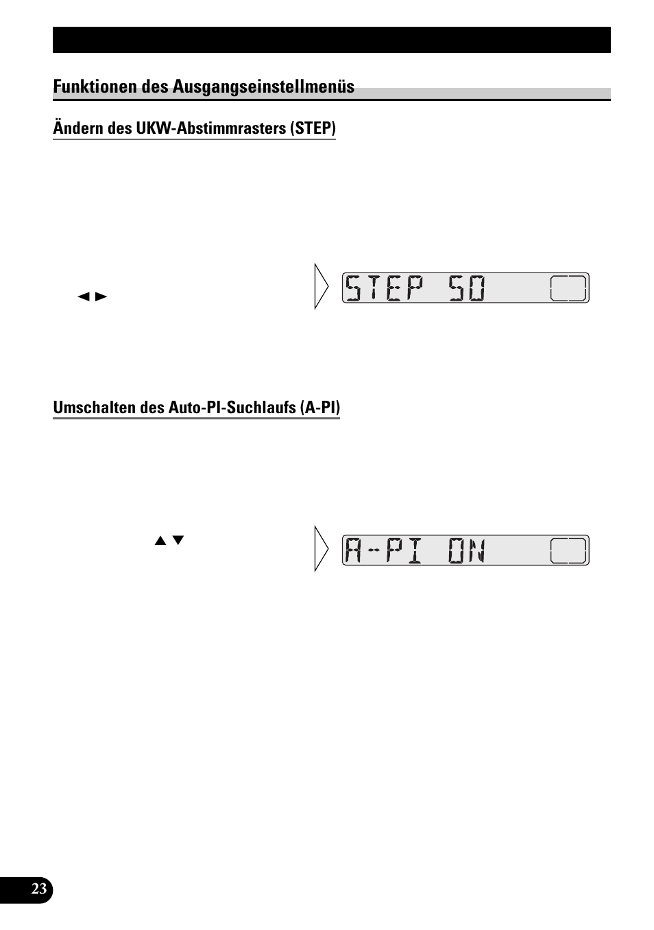 Funktionen des ausgangseinstellmenüs, Ändern des ukw-abstimmrasters (step), Umschalten des auto-pi-suchlaufs (a-pi) | Ausgangseinstellungen | Pioneer KEH-3900R User Manual | Page 76 / 80