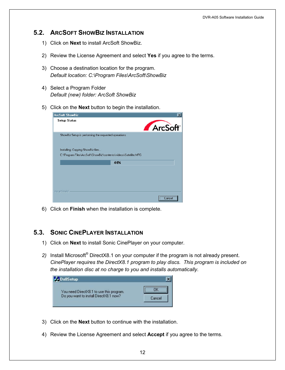 Arcsoft showbiz installation, Sonic cineplayer installation | Pioneer A05 User Manual | Page 12 / 17