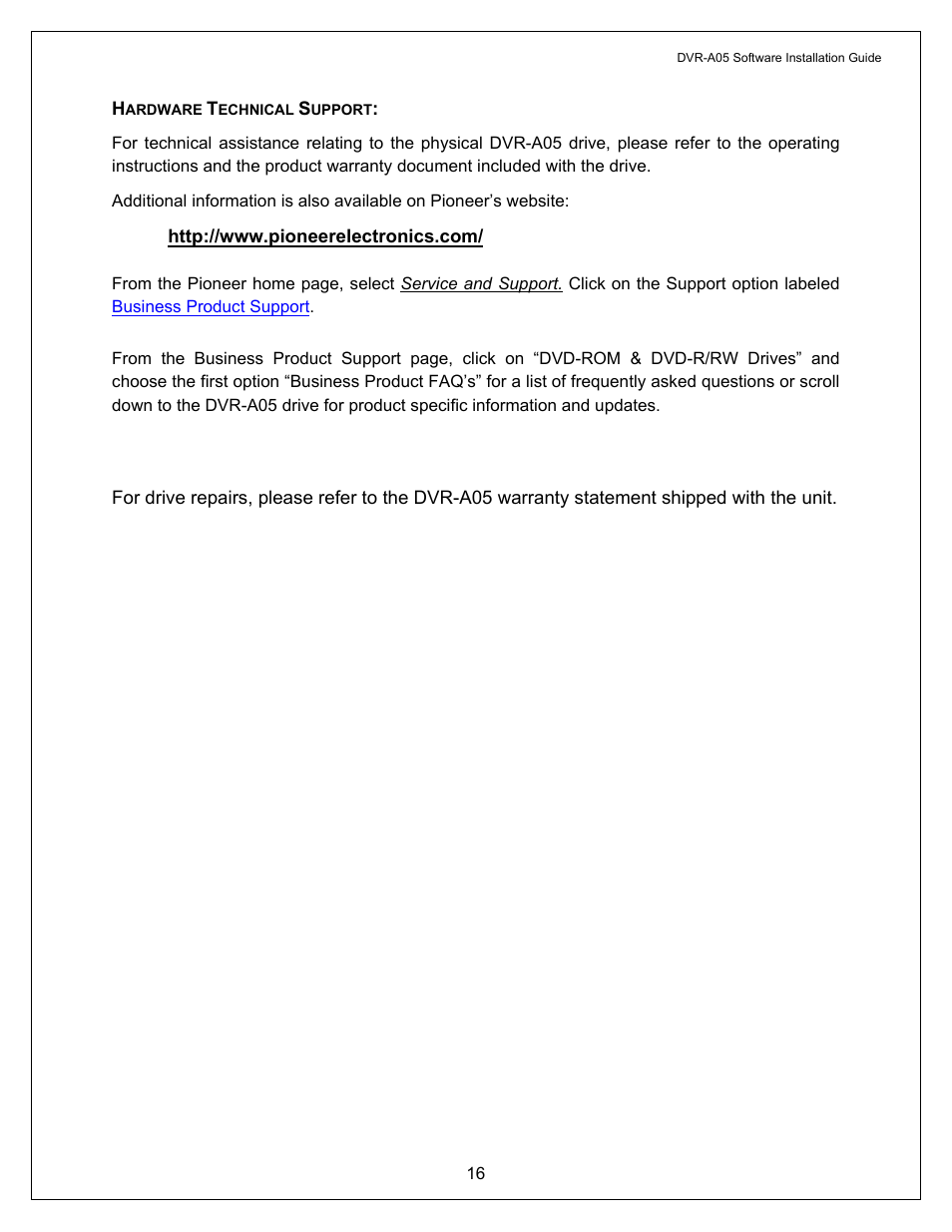 Hardware technical support | Pioneer A05 User Manual | Page 16 / 17