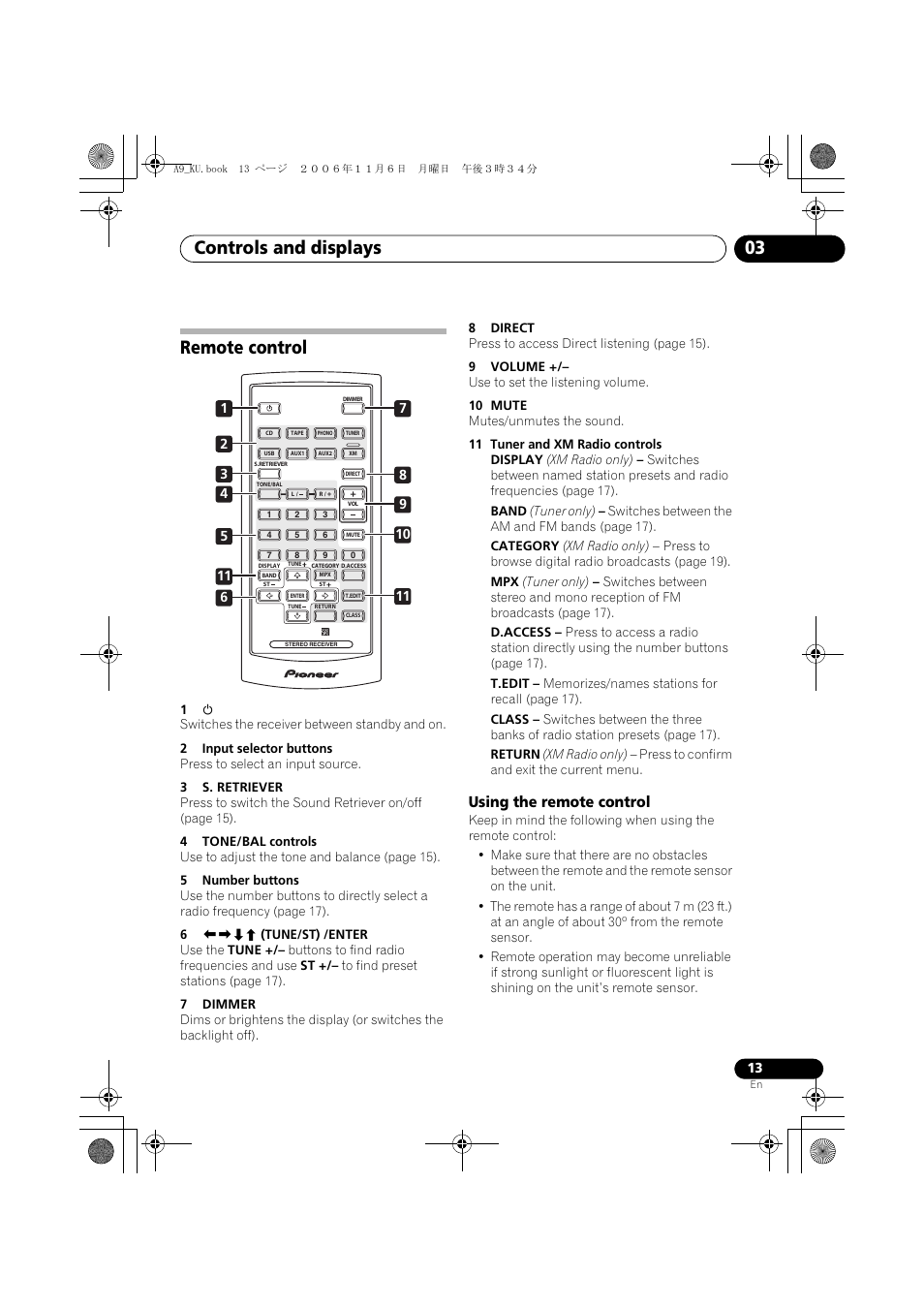 Remote control, Using the remote control, Controls and displays 03 | Pioneer A9 User Manual | Page 13 / 28