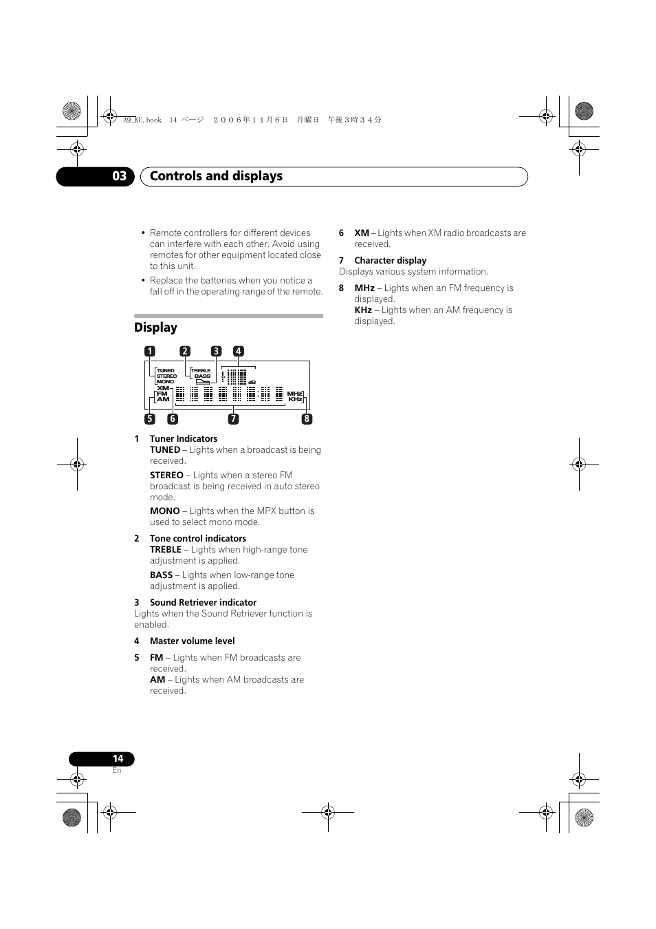 Display, Controls and displays 03 | Pioneer A9 User Manual | Page 14 / 28