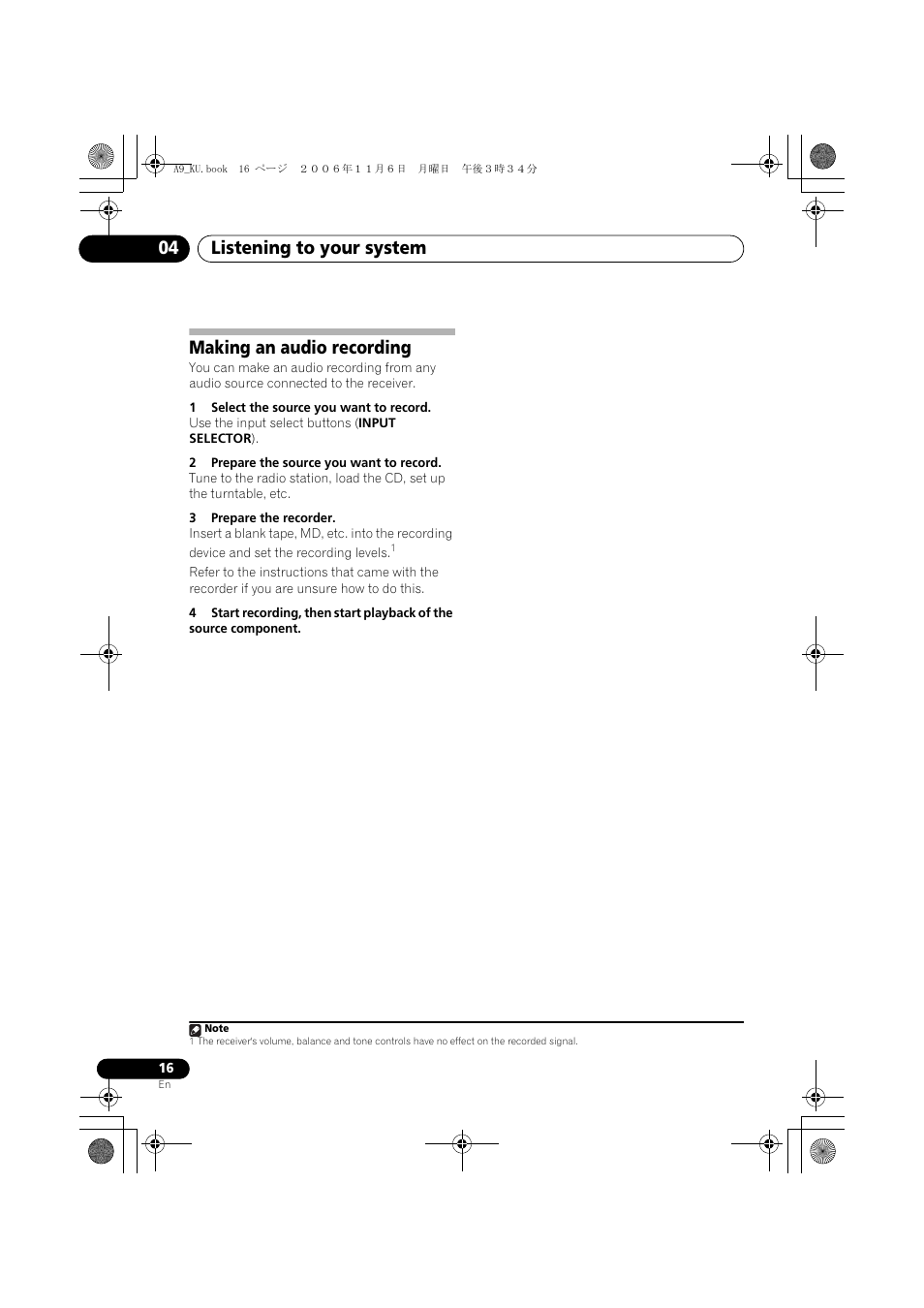 Making an audio recording, Listening to your system 04 | Pioneer A9 User Manual | Page 16 / 28