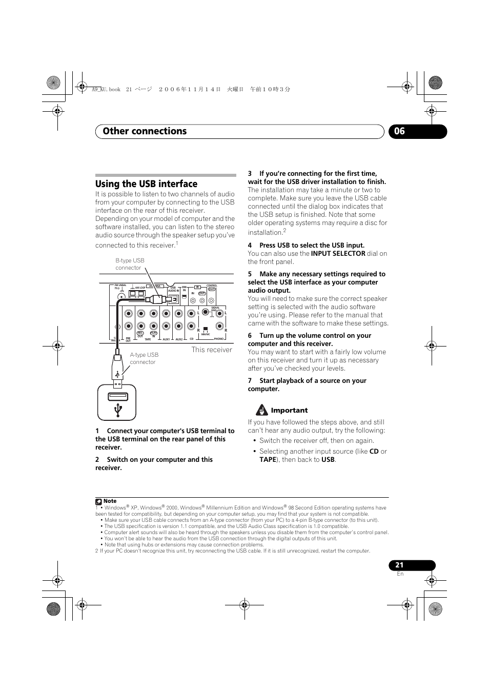 Using the usb interface, Other connections 06, This receiver | Pioneer A9 User Manual | Page 21 / 28